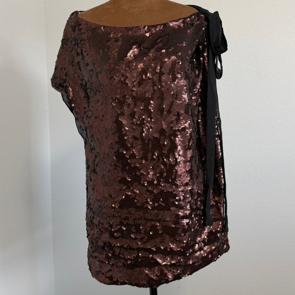 Robert Rodriguez Off Shoulder Brown Sequined Asymmetric Cocktail Y2K Mini Dress